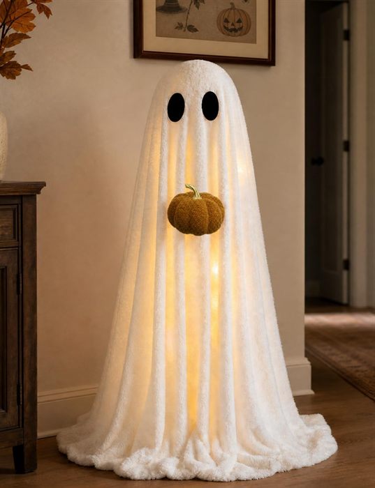 Halloween Decorations Indoor 3.6FT Light-Up Sherpa Ghost with Pumpkin