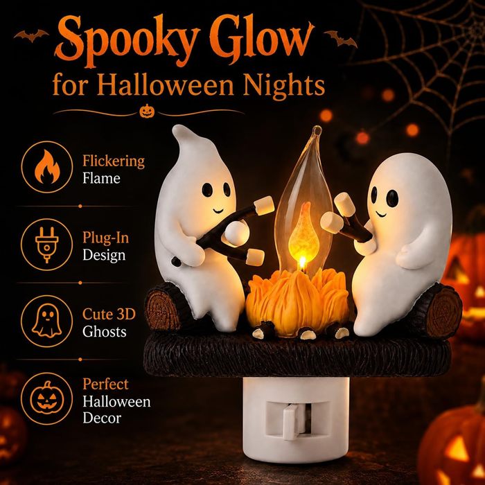 Ghost Campfire Night Light, Plug-in Wall Flickering Flame Nightlight, Halloween 3D Cute Spooky Marshmallow Ghost Decoration for Bedroom, Spooky Season Home Halloween Decor for Kids Adults
