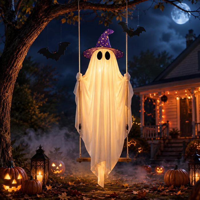 Halloween Ghost Decor with Bat & Hat - 11 FT Large Hanging Swinging Ghost