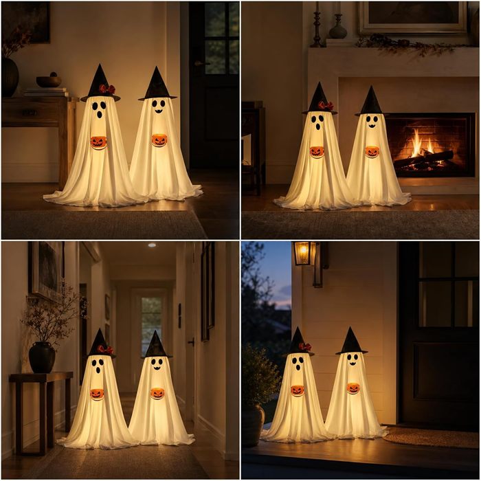 Halloween Decorations Indoor Lighted Ghost, 2 Pack Cute Light Up Ghosts
