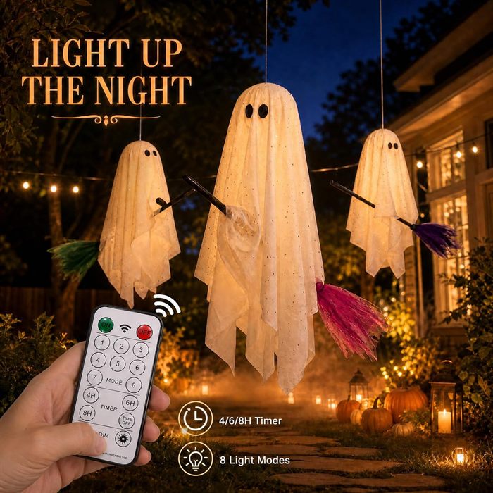 Halloween Decorations Outdoor, 3 Pack Hanging Light Up Ghosts on Brooms