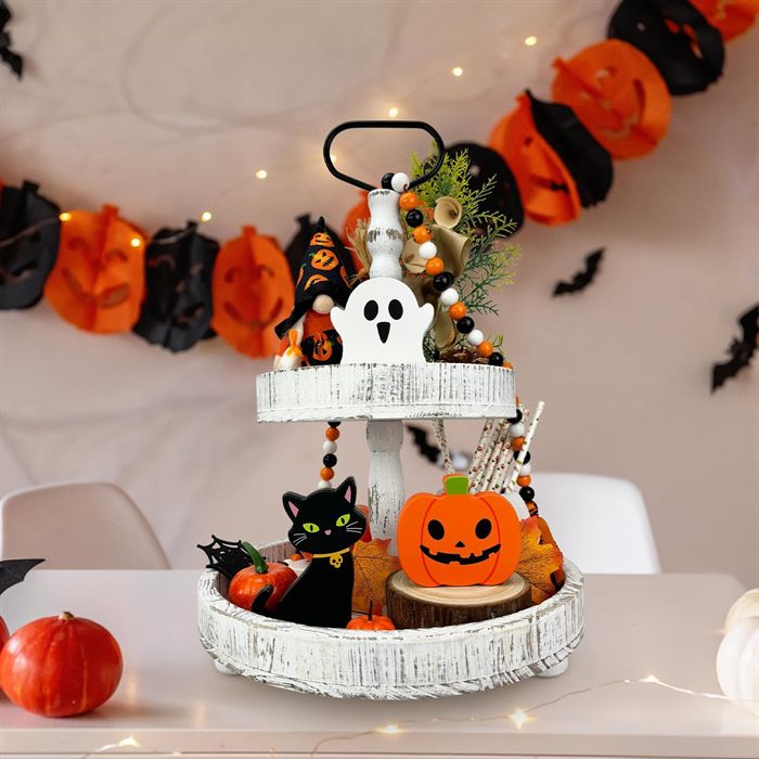 Halloween Decorations for Indoor Home 3 Pcs, Cute Wooden Pumpkin Ghost Black Cat Decor for Tabletop Tiered Tray, Halloween Centerpiece Sign for Desk Fireplace Office Shelf Farmhouse Rest Bathroom Dorm