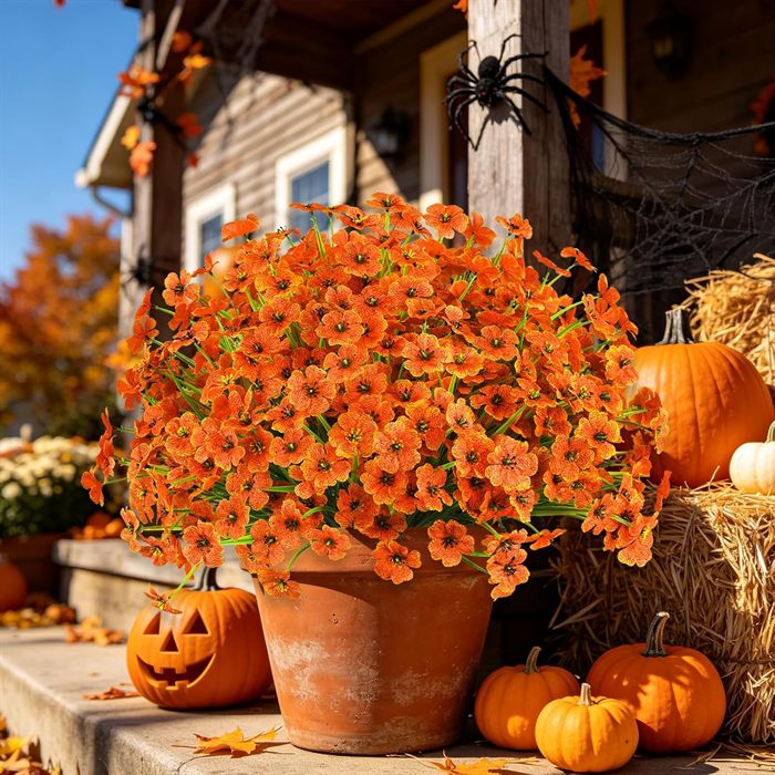 24PCS Artificial Fall Flowers for Outdoors, Fake Mums, Orange