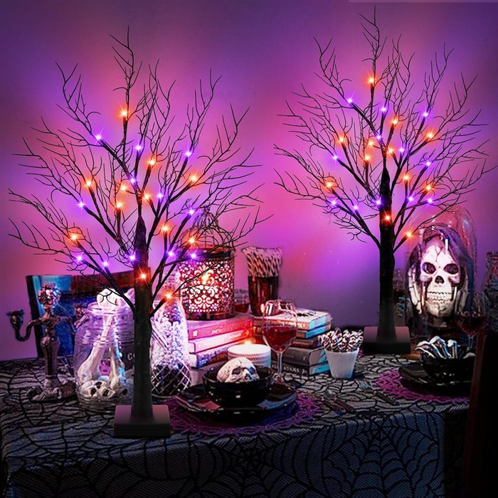 2 Pack Halloween Decorations Indoor, 24 Inch Halloween Tree with 24 Orange & Purple Lights, USB & Battery Operated Black Spooky Tree Halloween Table Decorations Indoor Home Party Decor Room