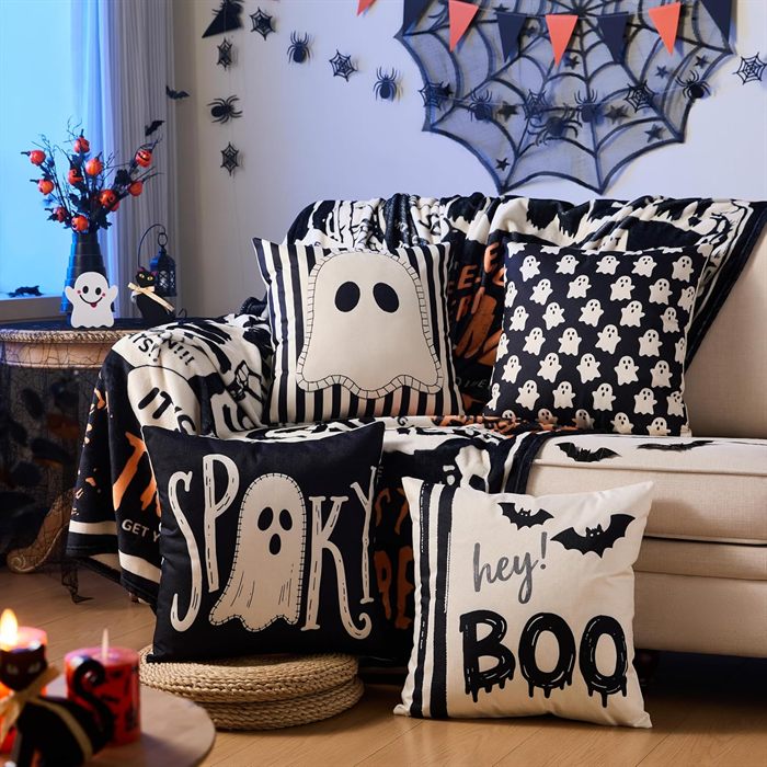 Halloween Decor Pillow Covers 18x18 Inch, Set of 4 Halloween Decorations Outdoor Indoor Throw Pillow Covers, Hey Boo Cute Spooky Ghost Black Striped Linen Cushion Case for Home Sofa Couch Bed Chair
