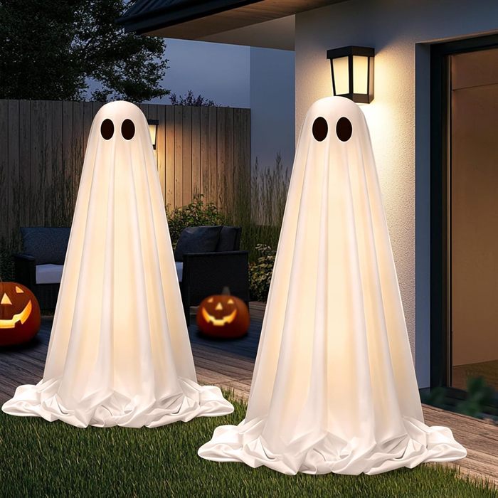 Halloween Decorations Outdoor Indoor, 2 Pack Light Up Cute Ghost Decoration, Spooky DIY Standing Decor Set with Small Accessories for Front Yards, Gardens, Porch, Lawn and Party