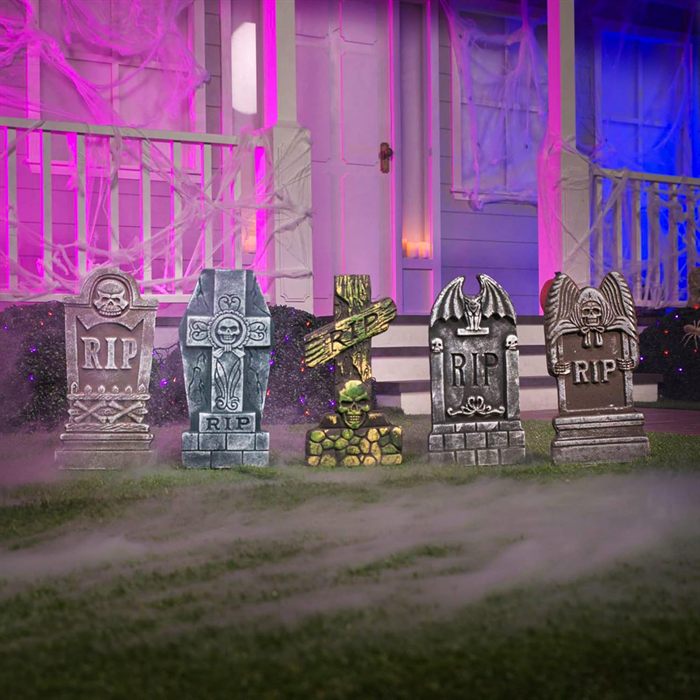 JOYIN 17” Halloween Foam RIP Graveyard Tombstones (5 Pack), Halloween Tombstones Outdoor Decorations for Graves Decorations with 12 Metal Stakes for Cemetery Yard Lawn Party Decor