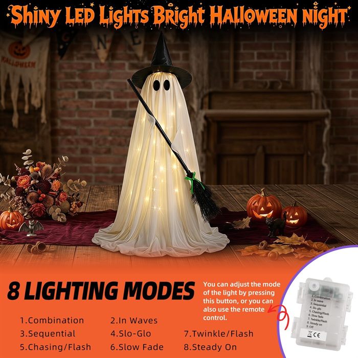 Halloween Decorations Outdoor Light Up Ghost, 53IN Witch Hat Broom Porch