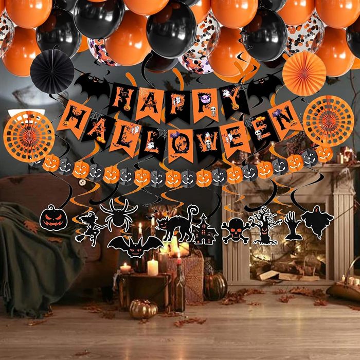 Happy Halloween Trick or Treat Banner Paper Fan Balloons & Swirl Streamers Ghoul Bat Cat Bird Ghost Pumpkin Lantern for Party Decorations