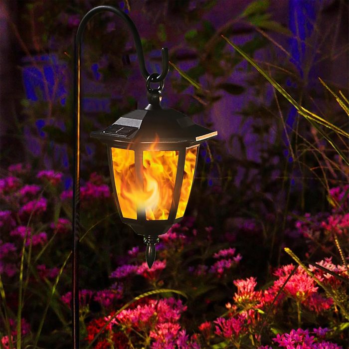 6 Pack Solar Flame Hanging Lights Outdoor, Halloween Solar Flickering Flame LED Garden Lanterns with 6 x 38 Inch Shepherd Hooks, Christmas Lighting for Lawn Patio Yard Pathway Driveway