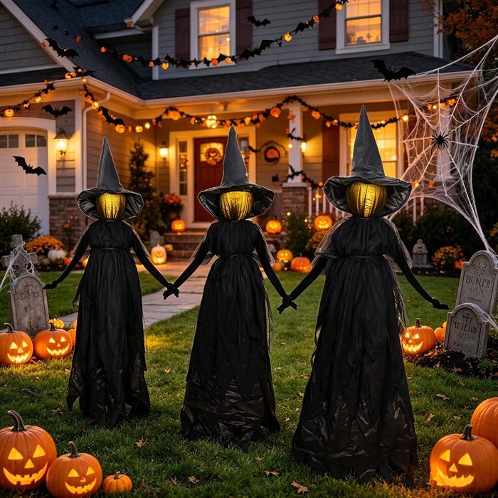 DR.DUDU Halloween Decorations Outdoor 4.6 FT Light Up Witch Stakes Set of 3