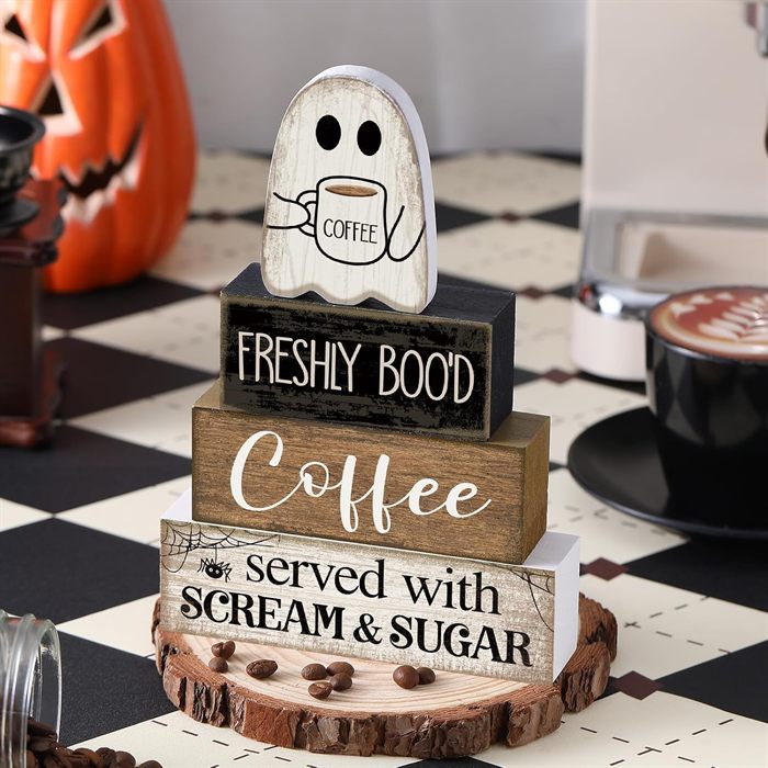 Lineshading 4 Pcs Halloween Coffee Table Decor Wooden Ghost Coffee Bar Sign