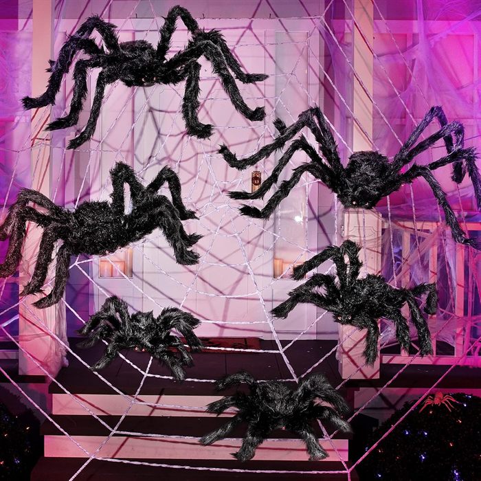 JOYIN 6 Packs Halloween Outdoor Decorations Giant Spiders Set, Halloween Decor Outside, Black Hairy Large Spider with Different Size for Lawn, Yard Decor