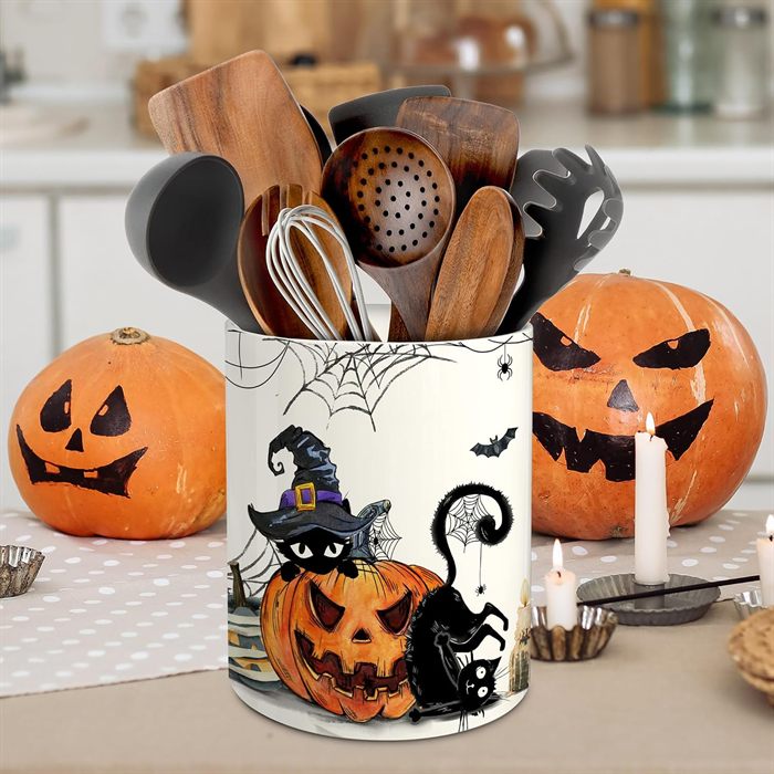 pinata Halloween Kitchen Decor, Ceramic Halloween Cat Utensil Holder