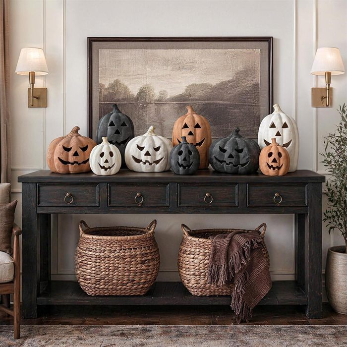 Halloween Decor - Black Handmade Terracotta Jack O Lantern Pumpkin